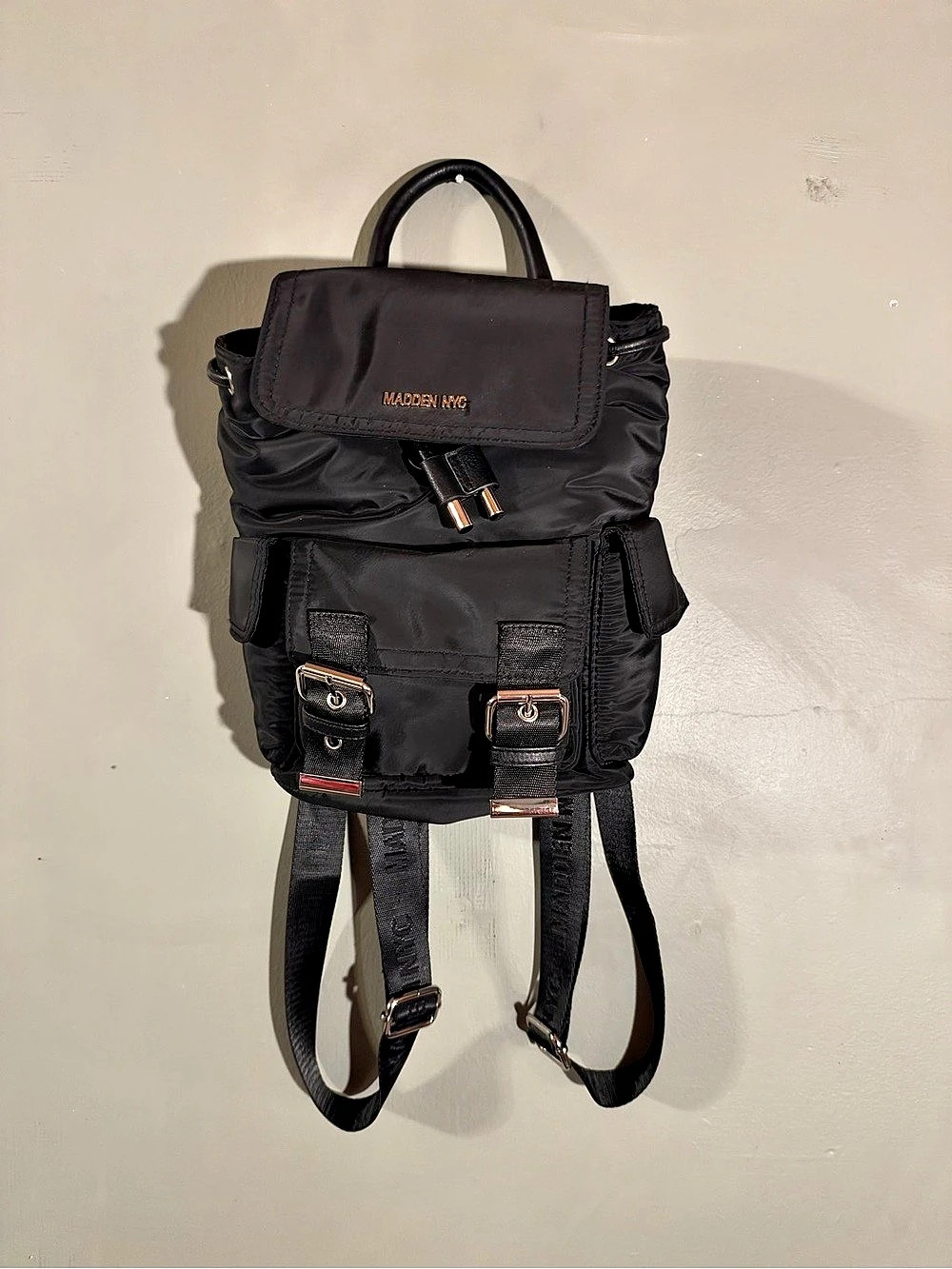 Madden NYC Black Nylon Buckle Flap Backpack Purse
